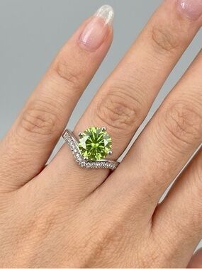 NEW Radiant 3 Carat Green Moissanite Solitaire Ring-Silver Plated - GRA - Adj